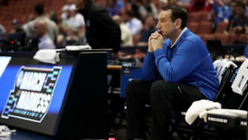 ANAHEIM, CA - MARCH 23: Head coach Mike Krzyzewski of the Duke Blue Devils watches practice prior to the west regional of the NCAA Basketball tournament at Honda Center on March 23, 2016 in Anaheim, California. (Photo by Sean M. Haffey/Getty Images)
