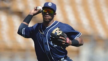Mar 23, 2016; Phoenix, AZ, USA; San Diego Padres third baseman Yangervis Solarte (26) throws the ball to first base during the second inning against the Chicago White Sox at Camelback Ranch. Mandatory Credit: Joe Camporeale-USA TODAY Sports