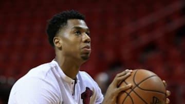 Nov 30, 2015; Miami, FL, USA; Miami Heat center Hassan Whiteside (21) shoots a foul shot before a game against the Boston Celtics at American Airlines Arena. Mandatory Credit: Robert Mayer-USA TODAY Sports