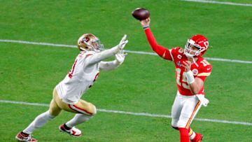 Kansas City Chiefs quarterback Patrick Mahomes (15) pass against San Francisco 49ers defensive linemen Arik Armstead during the second half of Super Bowl LIV at Hard Rock Stadium in Miami Gardens, Fla. on Sunday, Feb. 2, 2020. (David Santiago/Miami Herald/Tribune News Service via Getty Images)