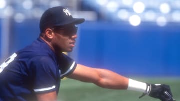 NEW YORK, NY - JUNE 28: Gerald Williams #29 of the New York Yankees looks on during batting practice of a baseball game against the Detroit Tigers on June 28, 1995 at Yankee Stadium in New York City. (Photo by Mitchell Layton/Getty Images)
