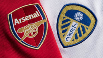 MANCHESTER, ENGLAND - OCTOBER 14: The Arsenal and Leeds United Club Badges displayed on their home shirts on October 14, 2020 in Manchester, United Kingdom. (Photo by Visionhaus)