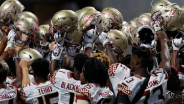 ATLANTA, GA - SEPTEMBER 02: The Florida State Seminoles huddle prior to their game against the Alabama Crimson Tide at Mercedes-Benz Stadium on September 2, 2017 in Atlanta, Georgia. (Photo by Kevin C. Cox/Getty Images)
