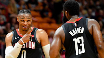 Houston Rockets guard James Harden (13) laughs with Houston Rockets guard Russell Westbrook (0) against the Miami Heat (Steve Mitchell-USA TODAY Sports)