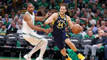 BOSTON, MASSACHUSETTS - APRIL 17: Bojan Bogdanovic #44 of the Indiana Pacers drives against Al Horford #42 of the Boston Celtics during the third quarter of Game Two of Round One of the 2019 NBA Playoffs at TD Garden on April 17, 2019 in Boston, Massachusetts. NOTE TO USER: User expressly acknowledges and agrees that, by downloading and or using this photograph, User is consenting to the terms and conditions of the Getty Images License Agreement. (Photo by Maddie Meyer/Getty Images)