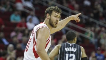 Mar 17, 2015; Houston, TX, USA; Houston Rockets forward Donatas Motiejunas (20) reacts after making a basket during the first quarter against the Orlando Magic at Toyota Center. Mandatory Credit: Troy Taormina-USA TODAY Sports
