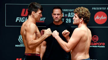 SINGAPORE, SINGAPORE - OCTOBER 25: (L-R) Demian Maia of Brazil and Ben Askren face off during the UFC Fight Night weigh-in at the Mandarin Oriental on October 25, 2019 in Singapore, Singapore. (Photo by Jeff Bottari/Zuffa LLC via Getty Images)