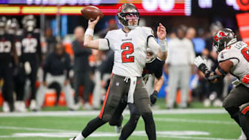 Jan 8, 2023; Atlanta, Georgia, USA; Tampa Bay Buccaneers quarterback Kyle Trask (2) throws a pass against the Atlanta Falcons in the second half at Mercedes-Benz Stadium. Mandatory Credit: Brett Davis-USA TODAY Sports