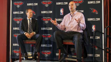 May 29, 2013; Atlanta, GA, USA; Atlanta Hawks general manager Danny Ferry introduces Mike Budenholzer as the new head coach during a press conference at Philips Arena. Mandatory Credit: Daniel Shirey-USA TODAY Sports