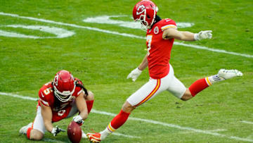 Jan 17, 2021; Kansas City, Missouri, USA; Kansas City Chiefs kicker Harrison Butker (7) attempts a field goal against the Cleveland Browns during the second half in an AFC Divisional Round playoff game at Arrowhead Stadium. Mandatory Credit: Jay Biggerstaff-USA TODAY Sports