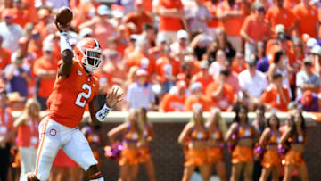 CLEMSON, SC - SEPTEMBER 01: Quarterback Kelly Bryant #2 of the Clemson Tigers attempts a pass during the first quarter of the Tigers' football game against the Furman Paladins at Clemson Memorial Stadium on September 1, 2018 in Clemson, South Carolina. (Photo by Mike Comer/Getty Images)