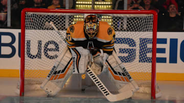 BOSTON, MA - OCTOBER 22: Tuukka Rask #40 of the Boston Bruins in the net for his 500th NHL game against the Toronto Maple Leafs at the TD Garden on October 22, 2019 in Boston, Massachusetts. (Photo by Steve Babineau/NHLI via Getty Images)