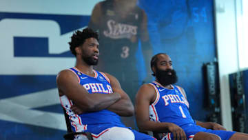 Joel Embiid, James Harden, Sixers media day (Photo by Mitchell Leff/Getty Images)
