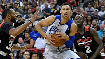 Jul 10, 2016; Las Vegas, NV, USA; Philadelphia 76ers forward Ben Simmons (25) protects the ball during an NBA Summer League game against the Chicago Bulls at Thomas & Mack Center. Mandatory Credit: Stephen R. Sylvanie-USA TODAY Sports