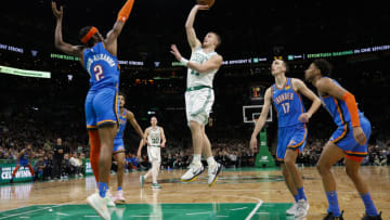 The Boston Celtics got a huge hand from their depth on Monday as little-used point guard Payton Pritchard helped propel them to a win over OKC (Photo By Winslow Townson/Getty Images)