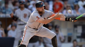 Sep 24, 2016; San Diego, CA, USA; San Francisco Giants right fielder Hunter Pence (8) hits an infield single during the eighth inning against the San Diego Padres at Petco Park. Mandatory Credit: Jake Roth-USA TODAY Sports