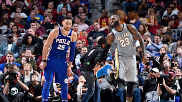 CLEVELAND, OH - MARCH 1: LeBron James #23 of the Cleveland Cavaliers and Ben Simmons #25 of the Philadelphia 76ers talk during the game on March 1, 2018 at Quicken Loans Arena in Cleveland, Ohio. NOTE TO USER: User expressly acknowledges and agrees that, by downloading and/or using this Photograph, user is consenting to the terms and conditions of the Getty Images License Agreement. Mandatory Copyright Notice: Copyright 2018 NBAE (Photo by David Liam Kyle/NBAE via Getty Images)
