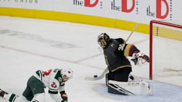 LAS VEGAS, NV - MARCH 29: Vegas Golden Knights goaltender Malcolm Subban (30) blocks the puck during a regular season game against the Minnesota Wild Friday, March 29, 2019, at T-Mobile Arena in Las Vegas, NV. (Photo by Marc Sanchez/Icon Sportswire via Getty Images)