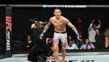 CALGARY, AB - JULY 28: Dustin Poirier celebrates after his TKO victory over Eddie Alvarez in their lightweight bout during the UFC Fight Night event at Scotiabank Saddledome on July 28, 2018 in Calgary, Alberta, Canada. (Photo by Jeff Bottari/Zuffa LLC/Zuffa LLC via Getty Images)