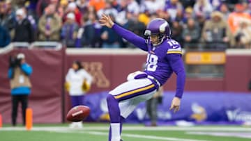 Dec 20, 2015; Minneapolis, MN, USA; Minnesota Vikings punter Jeff Locke (18) punts in the second quarter against the Chicago Bears at TCF Bank Stadium. Mandatory Credit: Brad Rempel-USA TODAY Sports