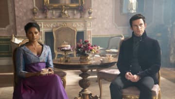 Bridgerton. (L to R) Simone Ashley as Kate Sharma, Jonathan Bailey as Anthony Bridgerton in episode 207 of Bridgerton. Cr. Liam Daniel/Netflix © 2022