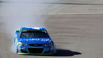 KANSAS CITY, KS - OCTOBER 22: Kyle Larson, driver of the #42 Credit One Bank Chevrolet, drives to pit road after a blown engine during the Monster Energy NASCAR Cup Series Hollywood Casino 400 at Kansas Speedway on October 22, 2017 in Kansas City, Kansas. (Photo by Jamie Squire/Getty Images)