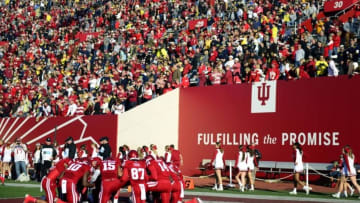 Nov 14, 2015; Bloomington, IN, USA; Some of the Indiana Hoosiers kneel in the end zone before the start of the game against the Michigan Wolverines at Memorial Stadium. Mandatory Credit: Marc Lebryk-USA TODAY Sports