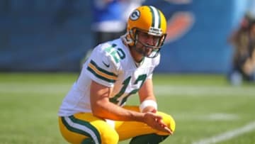 Sep 28, 2014; Chicago, IL, USA; Green Bay Packers quarterback Aaron Rodgers (12) during the first quarter against the Chicago Bears at Soldier Field. Mandatory Credit: Dennis Wierzbicki-USA TODAY Sports