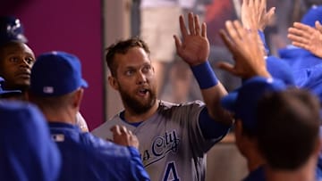 Apr 26, 2016; Anaheim, CA, USA; Kansas City Royals left fielder Alex Gordon (4) is congratulated by teammates after scoring in the fourth inning against the Los Angeles Angels during a MLB game at Angel Stadium of Anaheim. Mandatory Credit: Kirby Lee-USA TODAY Sports