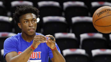 Apr 24, 2016; Auburn Hills, MI, USA; Detroit Pistons forward Stanley Johnson (3) warms up before game four of the first round of the NBA Playoffs against the Cleveland Cavaliers at The Palace of Auburn Hills. Mandatory Credit: Raj Mehta-USA TODAY Sports