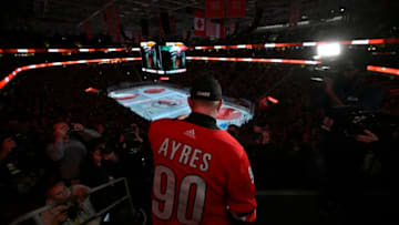 RALEIGH, NORTH CAROLINA - FEBRUARY 25: Dave Ayres sounds the warning siren during the game between the Dallas Stars and Carolina Hurricanes at at PNC Arena on February 25, 2020 in Raleigh, North Carolina. Ayres, in emergency relief, recorded eight saves, the win and first-star honors in his National Hockey League debut with the Carolina Hurricanes in their game against the Toronto Maple Leafs on February 22. (Photo by Grant Halverson/Getty Images)