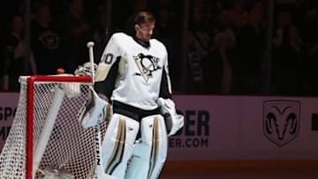 Apr 3, 2016; Pittsburgh, PA, USA; Pittsburgh Penguins goalie Matt Murray (30) stands for the national anthem before playing the Philadelphia Flyers at the CONSOL Energy Center. Mandatory Credit: Charles LeClaire-USA TODAY Sports