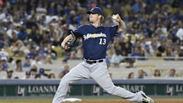 Jun 17, 2016; Los Angeles, CA, USA; Milwaukee Brewers relief pitcher Will Smith (13) pitches against the Los Angeles Dodgers during the ninth inning at Dodger Stadium. Mandatory Credit: Richard Mackson-USA TODAY Sports
