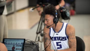 Sep 26, 2016; Sacramento , CA, USA; Sacramento Kings guard Malachi Richardson (5) speaks to a local radio station during media day at Sacramento Kings practice facility. Mandatory Credit: Ed Szczepanski-USA TODAY Sports