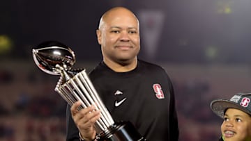 PASADENA, CA - JANUARY 01: Head coach David Shaw of the Stanford Cardinal holds up the Rose Bowl trophy after defeating the Iowa Hawkeyes 45-16 in the 102nd Rose Bowl Game on January 1, 2016 at the Rose Bowl in Pasadena, California. (Photo by Harry How/Getty Images)