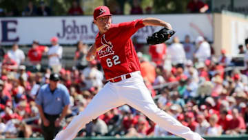 Mar 6, 2016; Jupiter, FL, USA; St. Louis Cardinals starting pitcher Deck McGuire (62) delivers a pitch against the Washington Nationals during a spring training game at Roger Dean Stadium. Mandatory Credit: Steve Mitchell-USA TODAY Sports