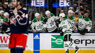 Dec 19, 2022; Columbus, Ohio, USA; Dallas Stars center Wyatt Johnston (53) celebrates a goal with teammates in the second period against the Columbus Blue Jackets at Nationwide Arena. Mandatory Credit: Gaelen Morse-USA TODAY Sports