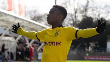 LEVERKUSEN, GERMANY - MARCH 01: (BILD ZEITUNG OUT) Youssoufa Moukoko of Borussia Dortmund U19 celebrates after scoring his team's first goal during the match between Bayer 04 Leverkusen U19 and Borussia dortmund U19 on March 1, 2020 in Leverkusen, Germany. (Photo by Max Maiwald/DeFodi Images via Getty Images)