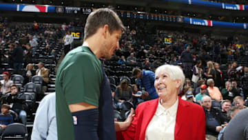 SALT LAKE CITY, UT - DECEMBER 4: Kyle Korver #26 greets Gail Miller, owner of the Utah Jazz during the game against the San Antonio Spurs on December 4, 2018 at vivint.SmartHome Arena in Salt Lake City, Utah. Copyright 2018 NBAE (Photo by Melissa Majchrzak/NBAE via Getty Images)