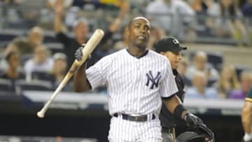 Jun 3, 2014; Bronx, NY, USA; New York Yankees rightfielder Alfonso Soriano (12) reacts after striking out to end the sixth inning against the Oakland Athletics at Yankee Stadium. Mandatory Credit: Andy Marlin-USA TODAY Sports