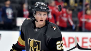 LAS VEGAS, NV - DECEMBER 4: Daniel Carr #23 of the Vegas Golden Knights warms up prior to a game against the Washington Capitals at T-Mobile Arena on December 4, 2018 in Las Vegas, Nevada. (Photo by David Becker/NHLI via Getty Images)