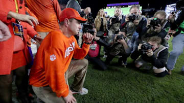 TAMPA, FL - JANUARY 09: Head coach Dabo Swinney of the Clemson Tigers reacts after defeating the Alabama Crimson Tide 35-31 to win the 2017 College Football Playoff National Championship Game at Raymond James Stadium on January 9, 2017 in Tampa, Florida. (Photo by Tom Pennington/Getty Images)