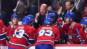 MONTREAL, QC - OCTOBER 13: Head coach of the Montreal Canadiens Claude Julien gives out instructions to his players against the Pittsburgh Penguins during the NHL game at the Bell Centre on October 13, 2018 in Montreal, Quebec, Canada. The Montreal Canadiens defeated the Pittsburgh Penguins 4-3 in a shootout. (Photo by Minas Panagiotakis/Getty Images)