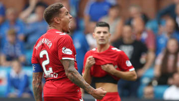 KILMARNOCK, SCOTLAND - AUGUST 04: James Tavernier of Rangers celebrates his team's late winning goal during the Ladbrokes Premier League match between Kilmarnock and Rangers at Rugby Park on August 04, 2019 in Kilmarnock, Scotland. (Photo by Ian MacNicol/Getty Images)