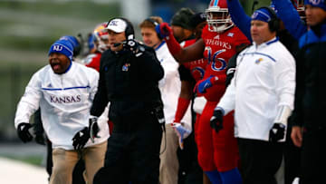 LAWRENCE, KS - NOVEMBER 28: Head coach David Beaty of the Kansas Jayhawks watches from the sidelines during the game against the Kansas State Wildcats at Memorial Stadium on November 28, 2015 in Lawrence, Kansas. (Photo by Jamie Squire/Getty Images)