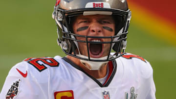 TAMPA, FLORIDA - FEBRUARY 07: Tom Brady #12 of the Tampa Bay Buccaneers yells as he takes the field against the Kansas City Chiefs in Super Bowl LV at Raymond James Stadium on February 07, 2021 in Tampa, Florida. (Photo by Patrick Smith/Getty Images)