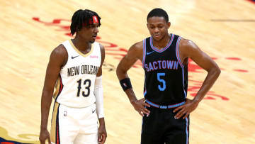 Kira Lewis Jr. #13 of the New Orleans Pelicans and De'Aaron Fox #5 of the Sacramento Kings (Photo by Sean Gardner/Getty Images)