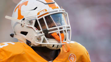 KNOXVILLE, TN - OCTOBER 20: Defensive lineman Kyle Phillips #5 of the Tennessee Volunteers reacts after an interception for a touchdown during the second half of the game between the Alabama Crimson Tide and the Tennessee Volunteers at Neyland Stadium on October 20, 2018 in Knoxville, Tennessee. Alabama won 58-21. (Photo by Donald Page/Getty Images)