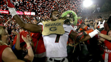 PASADENA, CA - JANUARY 01: Lorenzo Carter #7 of the Georgia Bulldogs celebrates after the Georgia Bulldogs beat the Oklahoma Sooners 54-48 in the 2018 College Football Playoff Semifinal Game at the Rose Bowl Game presented by Northwestern Mutual at the Rose Bowl on January 1, 2018 in Pasadena, California. (Photo by Jeff Gross/Getty Images)
