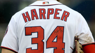 WASHINGTON, DC - SEPTEMBER 23: Bryce Harper #34 of the Washington Nationals wears an autographed jersey in the sixth inning against the New York Mets at Nationals Park on September 23, 2018 in Washington, DC. (Photo by Greg Fiume/Getty Images)